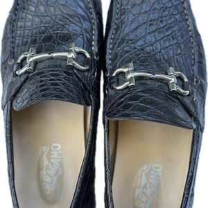 Salvatore Ferragamo Crocodilian Leather Loafers Black 9.5 EE Italy